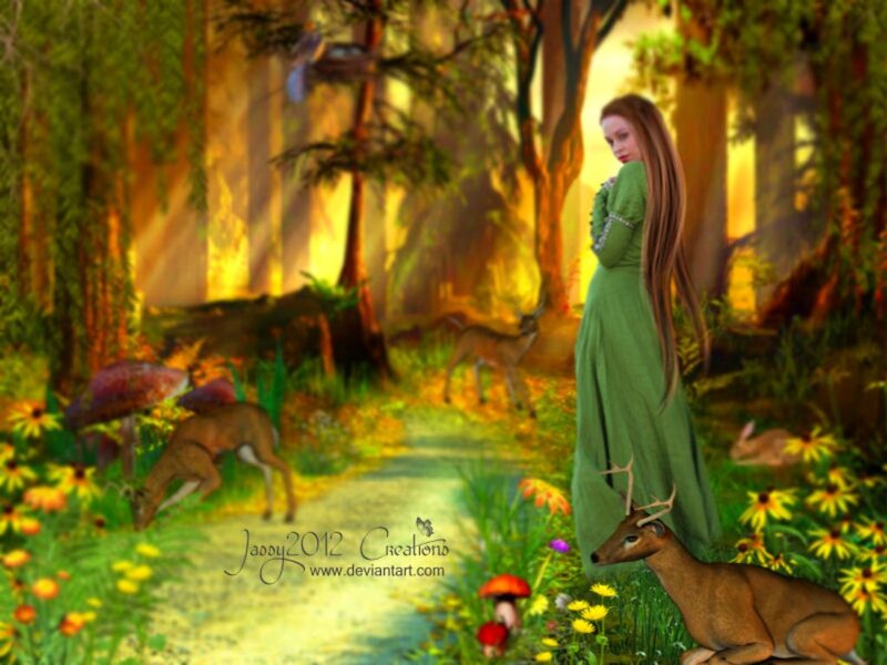 Woman in Green Dress — Serene, Afternoon, Digital Art, Deer
