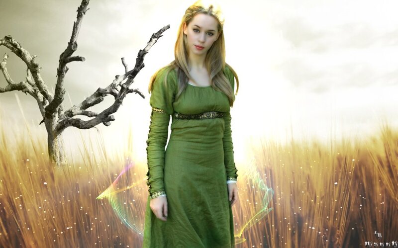 Woman in Green Dress — Serene, Afternoon, Digital Art, Field