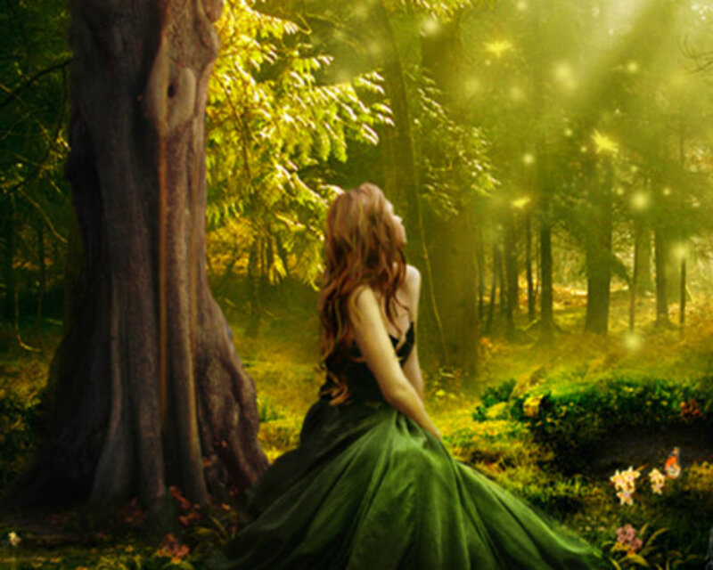 Woman in Green Dress — Serene, Afternoon, Digital Art, Forest, Tree, Fireflies
