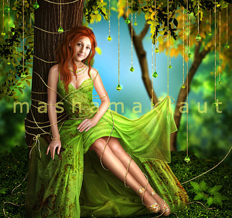 Woman in Green Dress — Serene, Afternoon, Digital Art, Tree