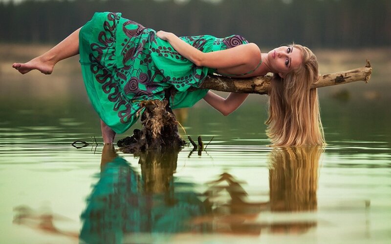 Woman in Green Dress — Serene, Afternoon, Photograph, Log, Water, Brown