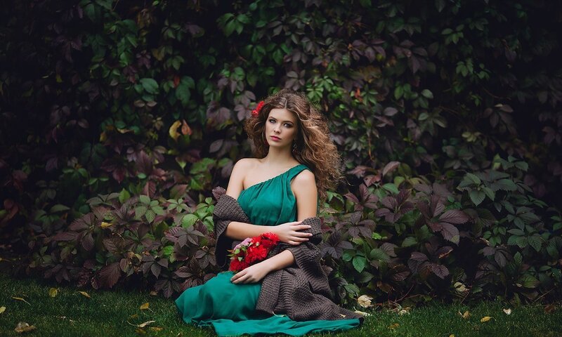 Woman in Green Dress — Serene, Autumn, Photograph, Flowers