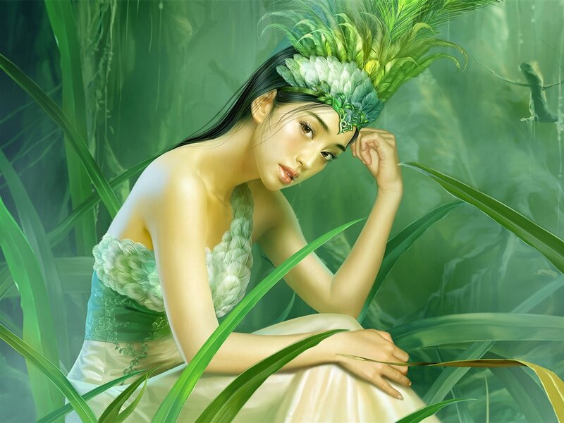 Woman in Green Dress — Serene, Digital Art, Feather Headdress, Plants