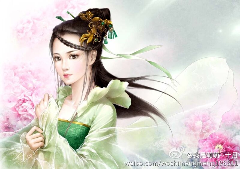 Woman in Green Dress — Serene, Digital Art, Flowers, Hair Ornament