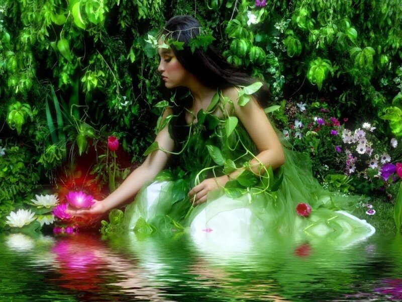 Woman in Green Dress — Serene, Digital Art, Flowers, Water, Leaves