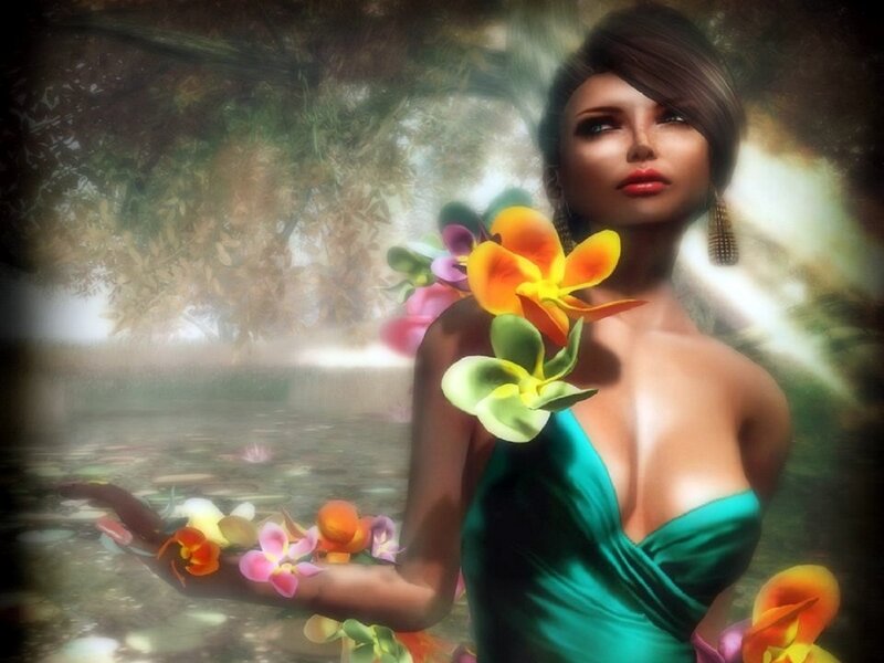 Woman in Green Dress — Serene, Digital Art, Flowers, Water
