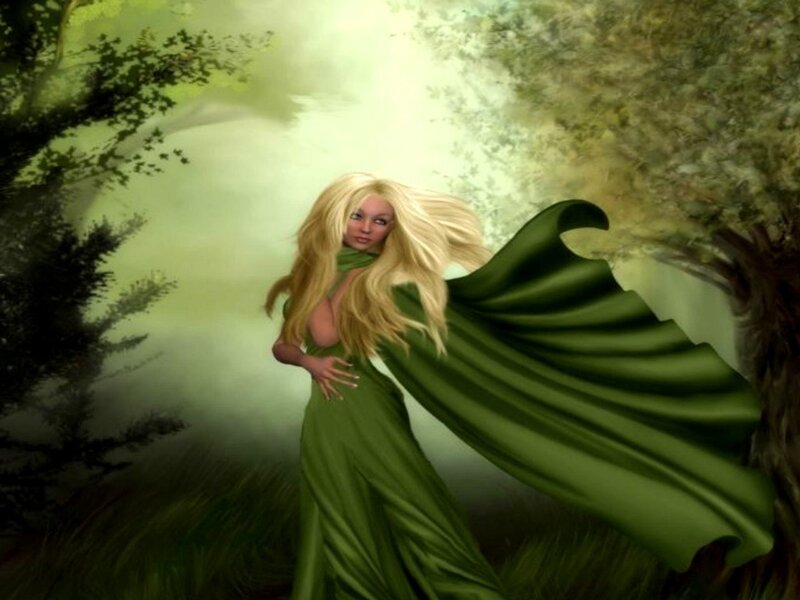 Woman in Green Dress — Serene, Digital Art, Forest