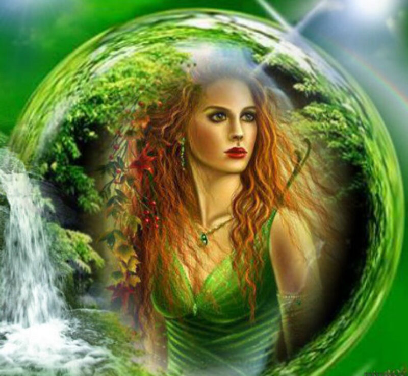 Woman in Green Dress — Serene, Digital Art, Forest, Waterfall
