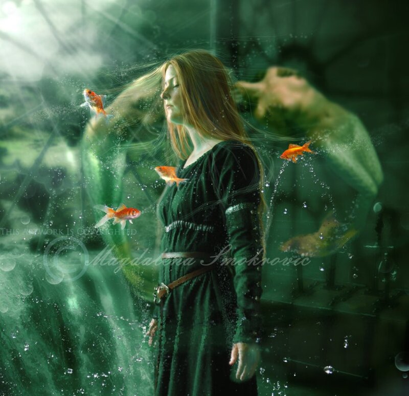 Woman in Green Dress — Serene, Digital Art, Goldfish