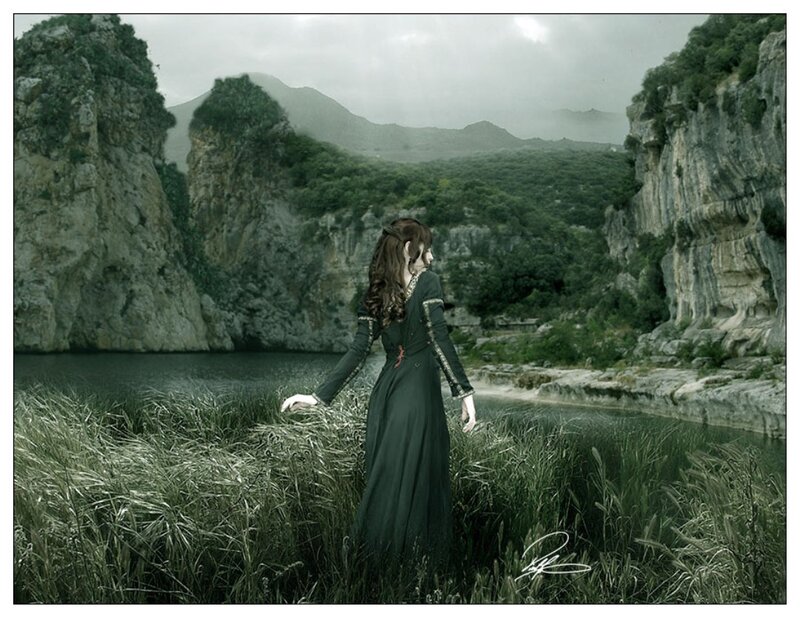 Woman in Green Dress — Serene, Digital Art, River