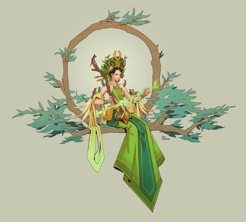 Woman in Green Dress — Serene, Digital Art, Tree Branch