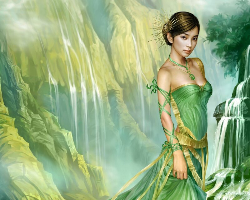 Woman in Green Dress — Serene, Digital Art, Waterfall, Forest, Jewelry, Gold