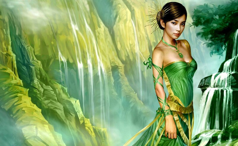 Woman in Green Dress — Serene, Digital Art, Waterfall, Forest