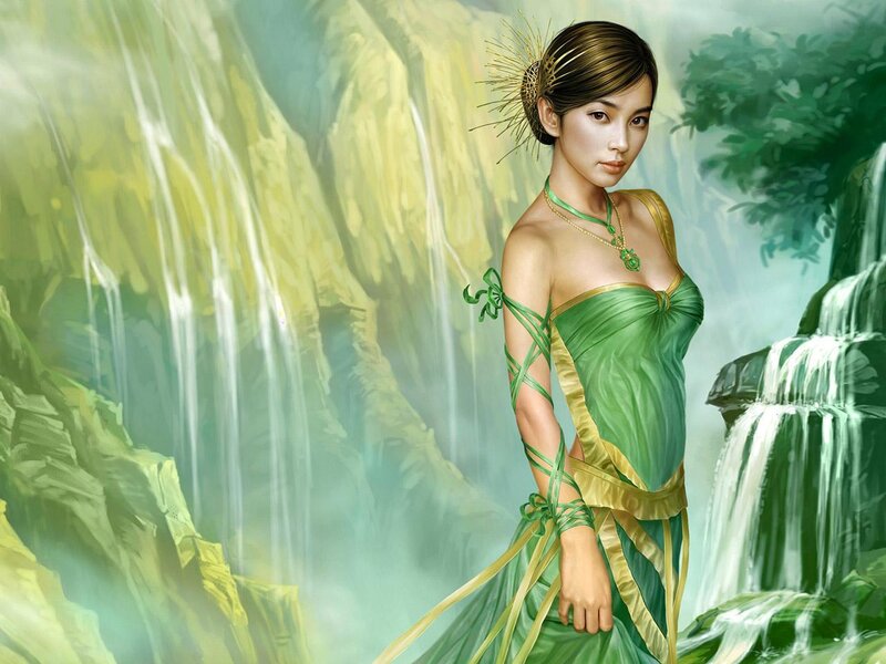 Woman in Green Dress — Serene, Digital Art, Waterfall