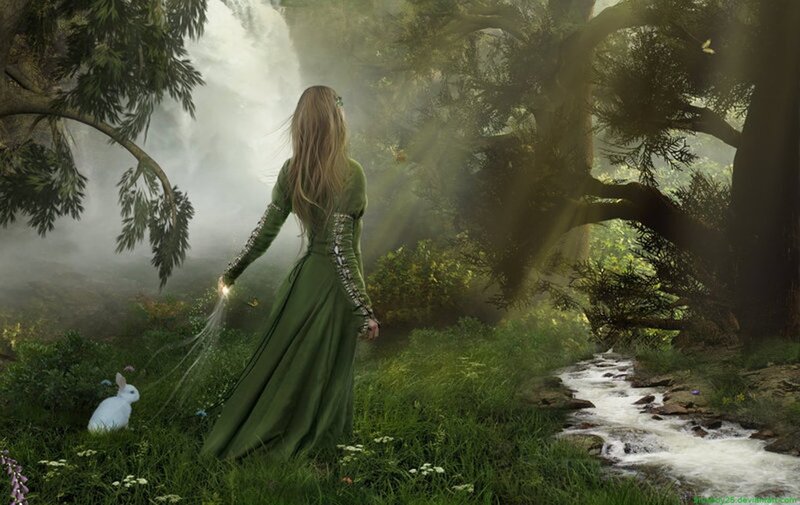 Woman in Green Dress — Serene, Morning, Digital Art, Rabbit, Stream