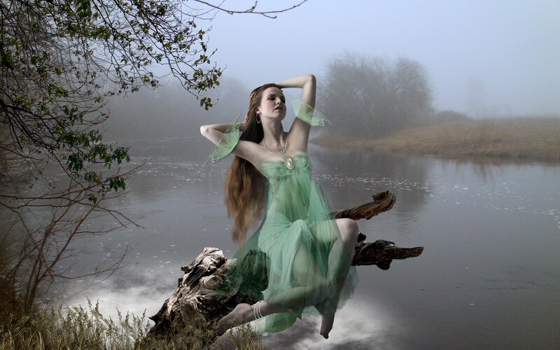 Woman in Green Dress — Serene, Morning, Digital Art, River