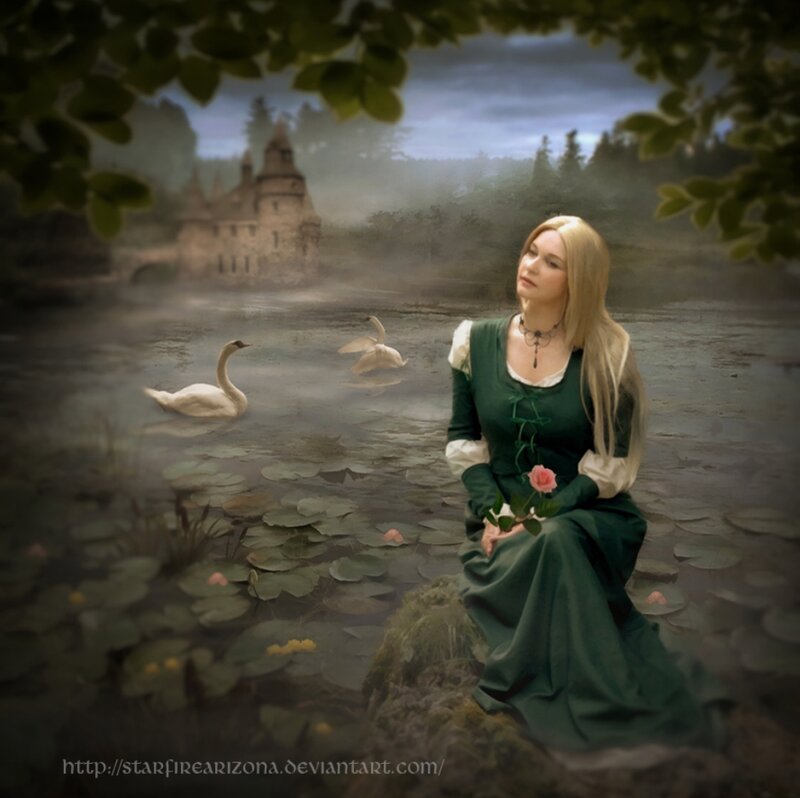 Woman in Green Dress — Serene, Morning, Digital Art, Swans