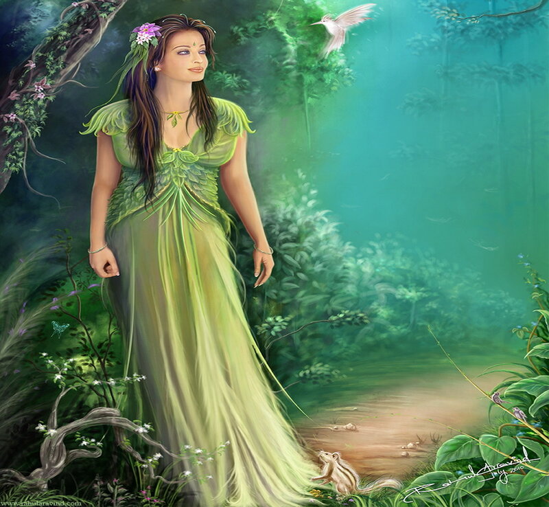 Woman in Green Dress — Serene, Morning, Digital Art