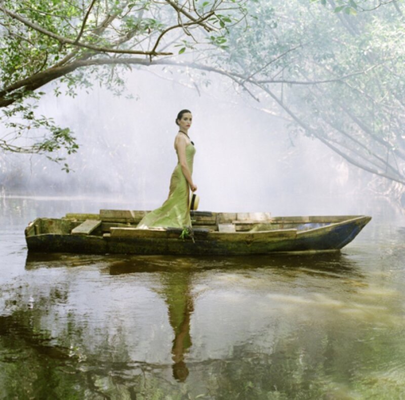 Woman in Green Dress — Serene, Morning, Photograph, Boat