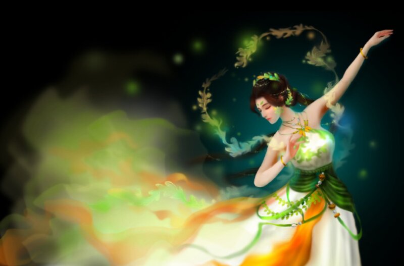 Woman in Green Dress — Serene, Night, Digital Art, Leaves