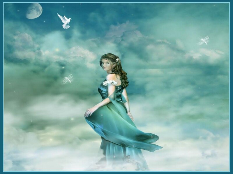Woman in Green Dress — Serene, Night, Digital Art, Moon
