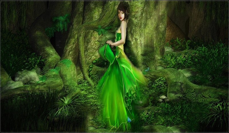 Woman in Green Dress — Serene, Night, Digital Art