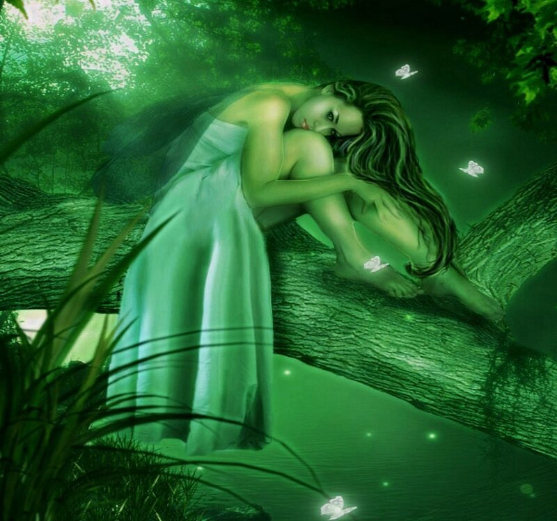 Woman in Green Dress — Serene, Night, Digital Art, Tree Branch