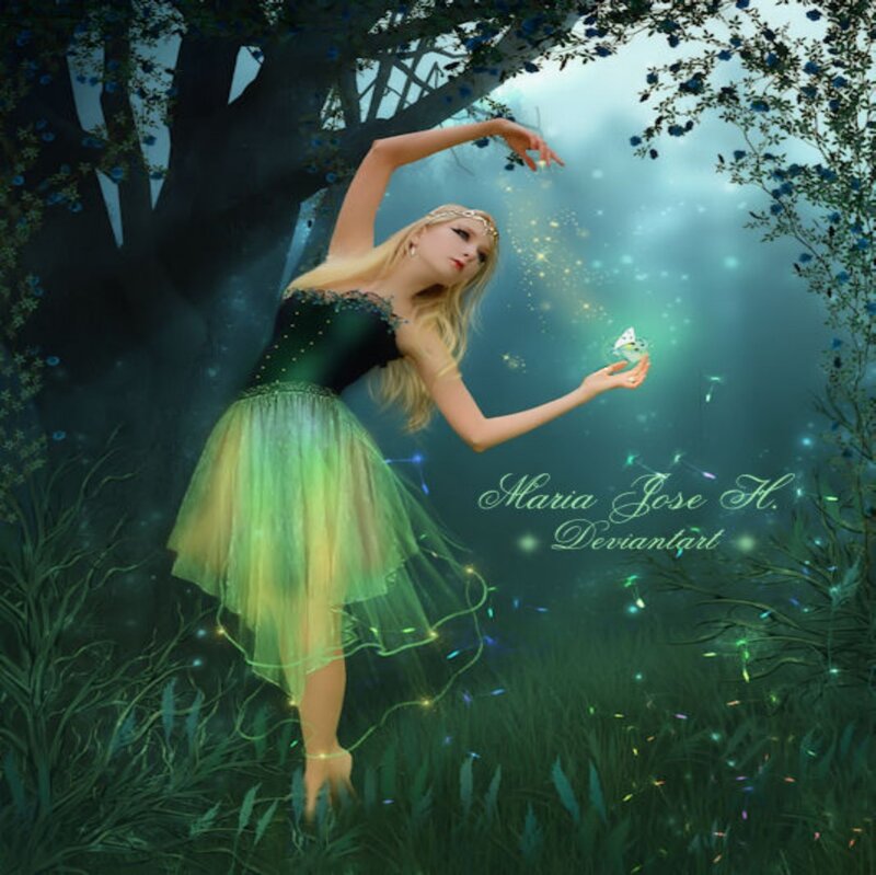 Woman in Green Dress — Serene, Night, Digital Art, Tree