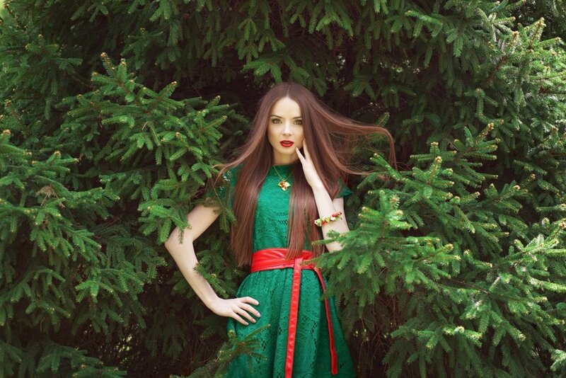 Woman in Green Dress — Serene, Photograph, Pine Tree