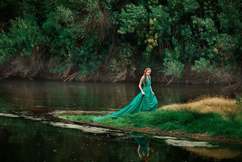 Woman in Green Dress — Serene, Photograph, River, Trees
