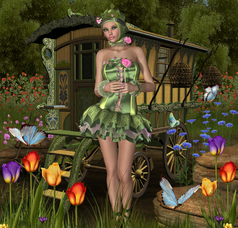 Woman in Green Dress — Serene, Spring, 3d Render