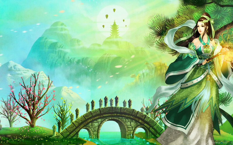 Woman in Green Dress — Serene, Spring, Digital Art, Bridge