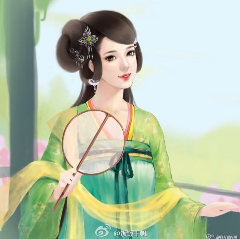 Woman in Green Dress — Serene, Spring, Digital Art, Fan