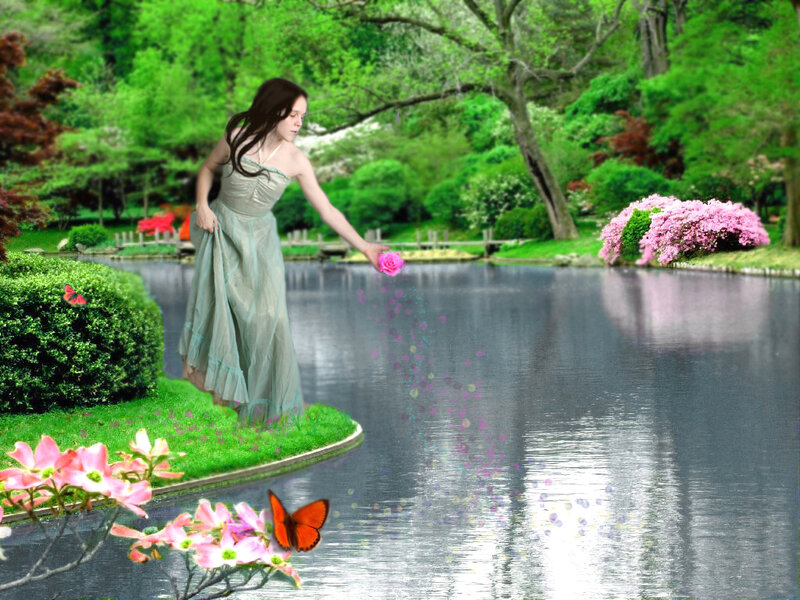 Woman in Green Dress — Serene, Spring, Digital Art, Rose