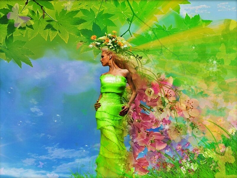 Woman in Green Dress — Serene, Spring, Digital Art