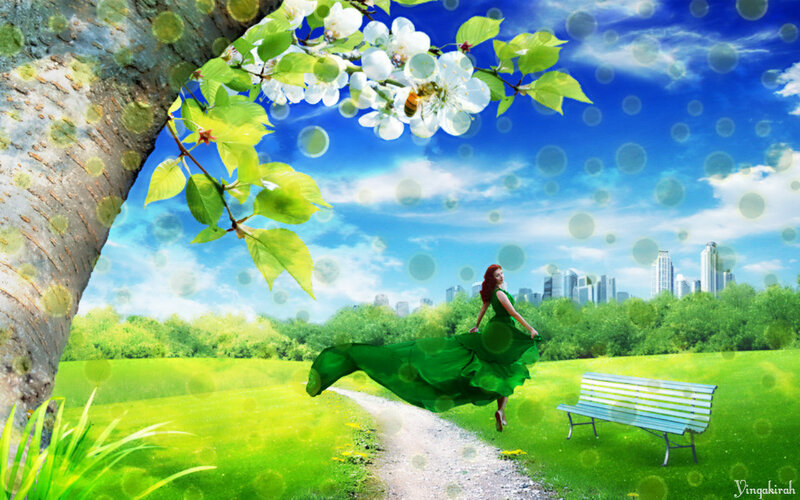 Woman in Green Dress — Serene, Spring, Digital Art, Tree