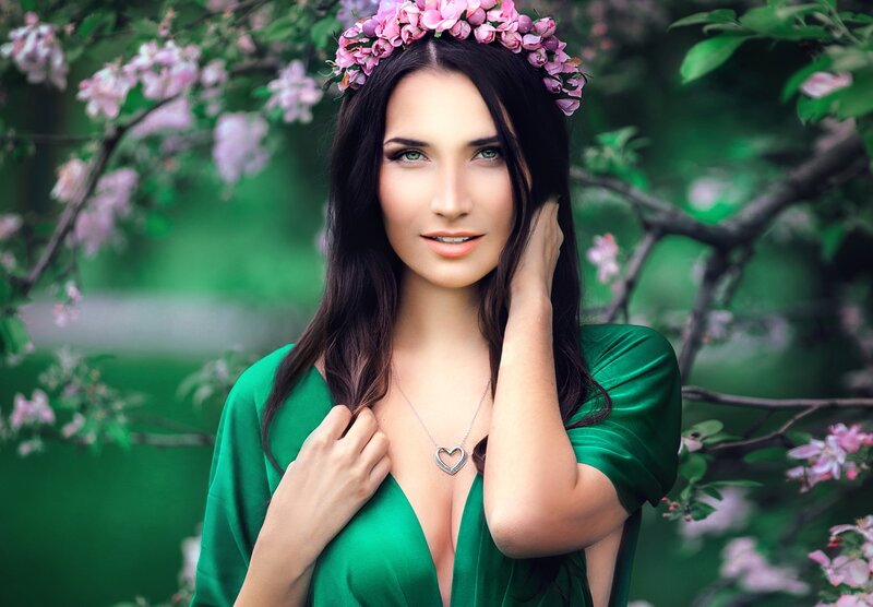 Woman in Green Dress — Serene, Spring, Photograph, Flower Crown, Necklace