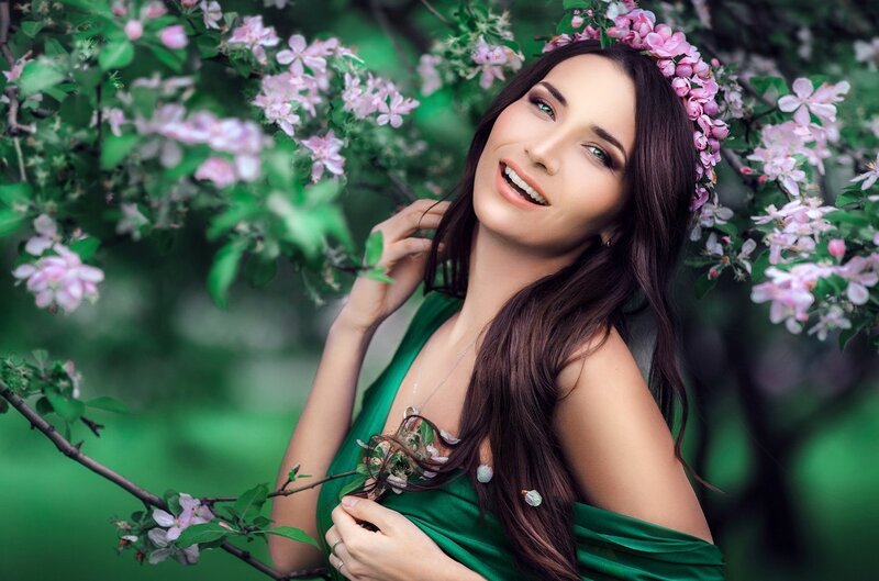 Woman in Green Dress — Serene, Spring, Photograph, Flower Crown