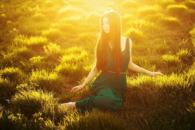 Woman in Green Dress — Serene, Sunset, Photograph, Grass, Sunlight