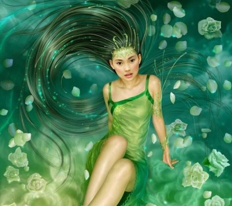 Woman in Green Dress — Serene, White