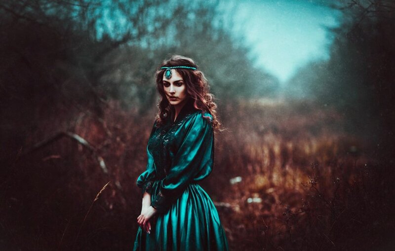 Woman in Green Dress — Teal, Dramatic, Photograph, Forest