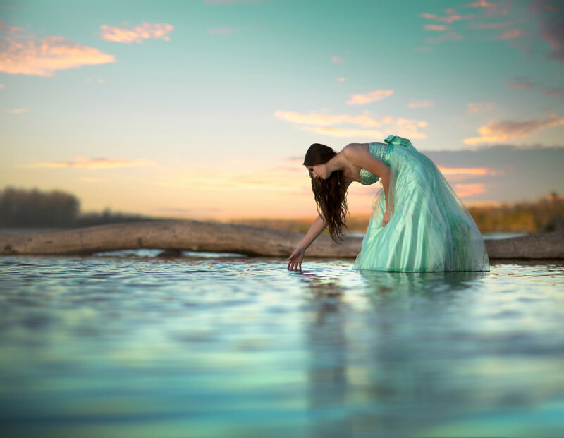 Woman in Green Dress — Teal, Serene, Sunset