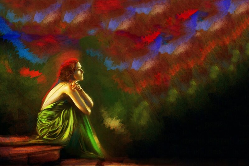 woman in green dress under colorful sky