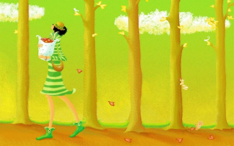 Woman in green dress walking in forest
