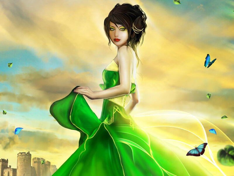 woman in green dress with butterflies