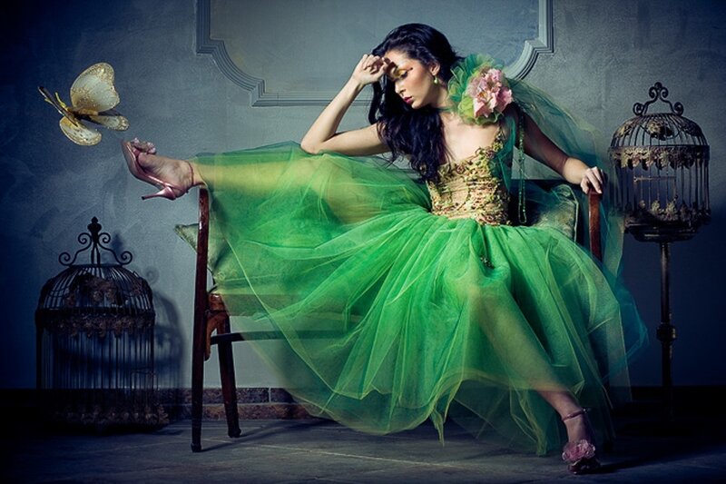 woman in green dress with butterfly