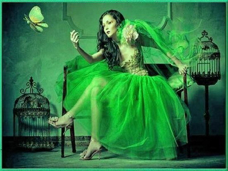 woman in green dress with butterfly