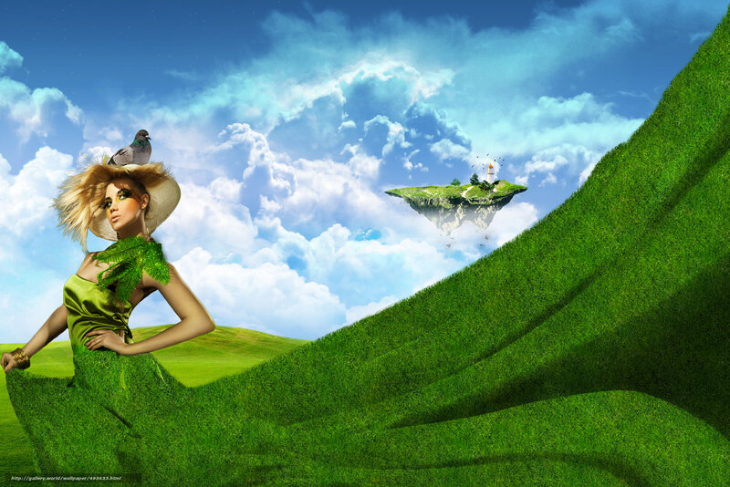 woman in green dress with floating island