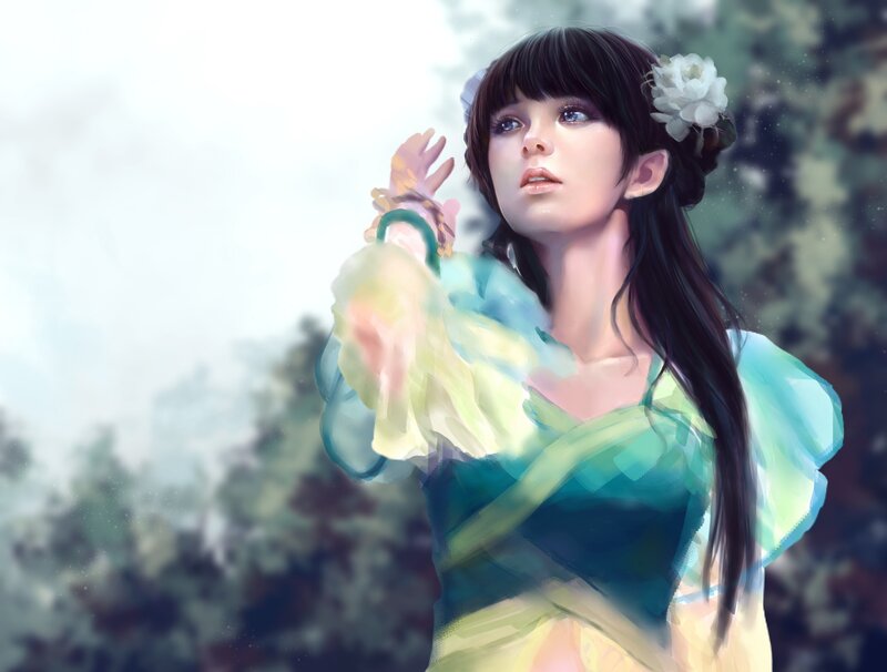 woman in green dress with flower