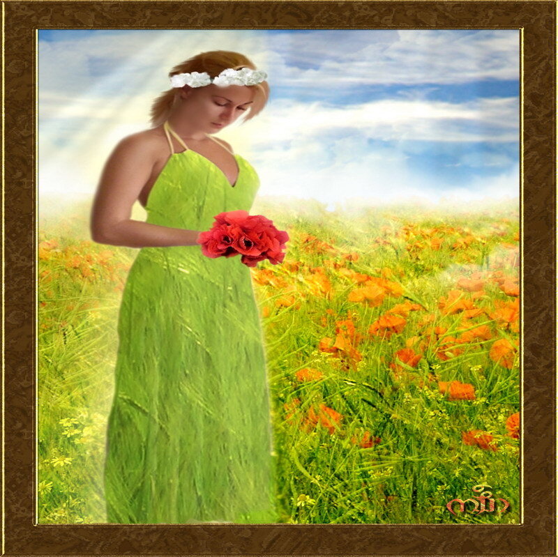 Woman in green dress with flowers